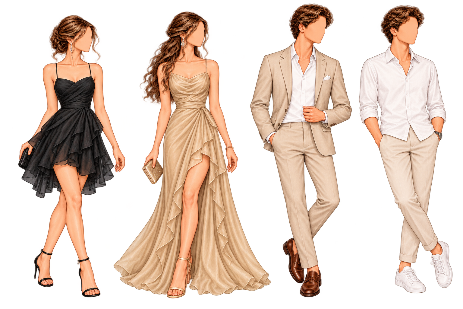 Ilustrações de esporte fino: vestidos, camisa com calça e blazer em tons neutros